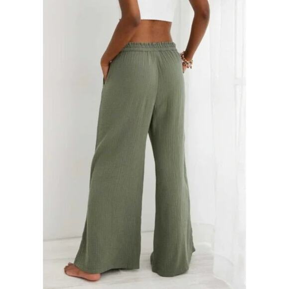 Aerie Pants Womens Small Green Wide Leg Pool To Party Gauzy Cotton Coastal - Picture 3 of 11